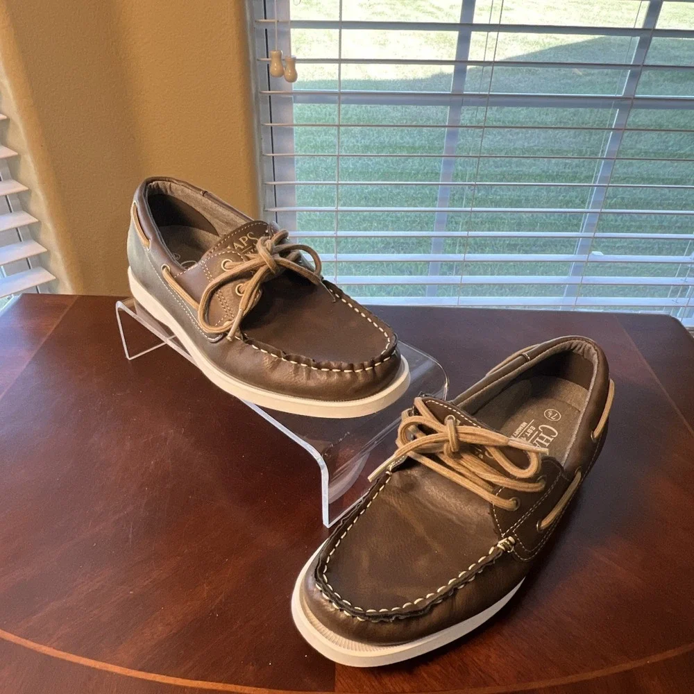 Chaps Benny Boat Shoes Mens Sz 7.5 Brown Cognac Slip On Memory Foam Nautical